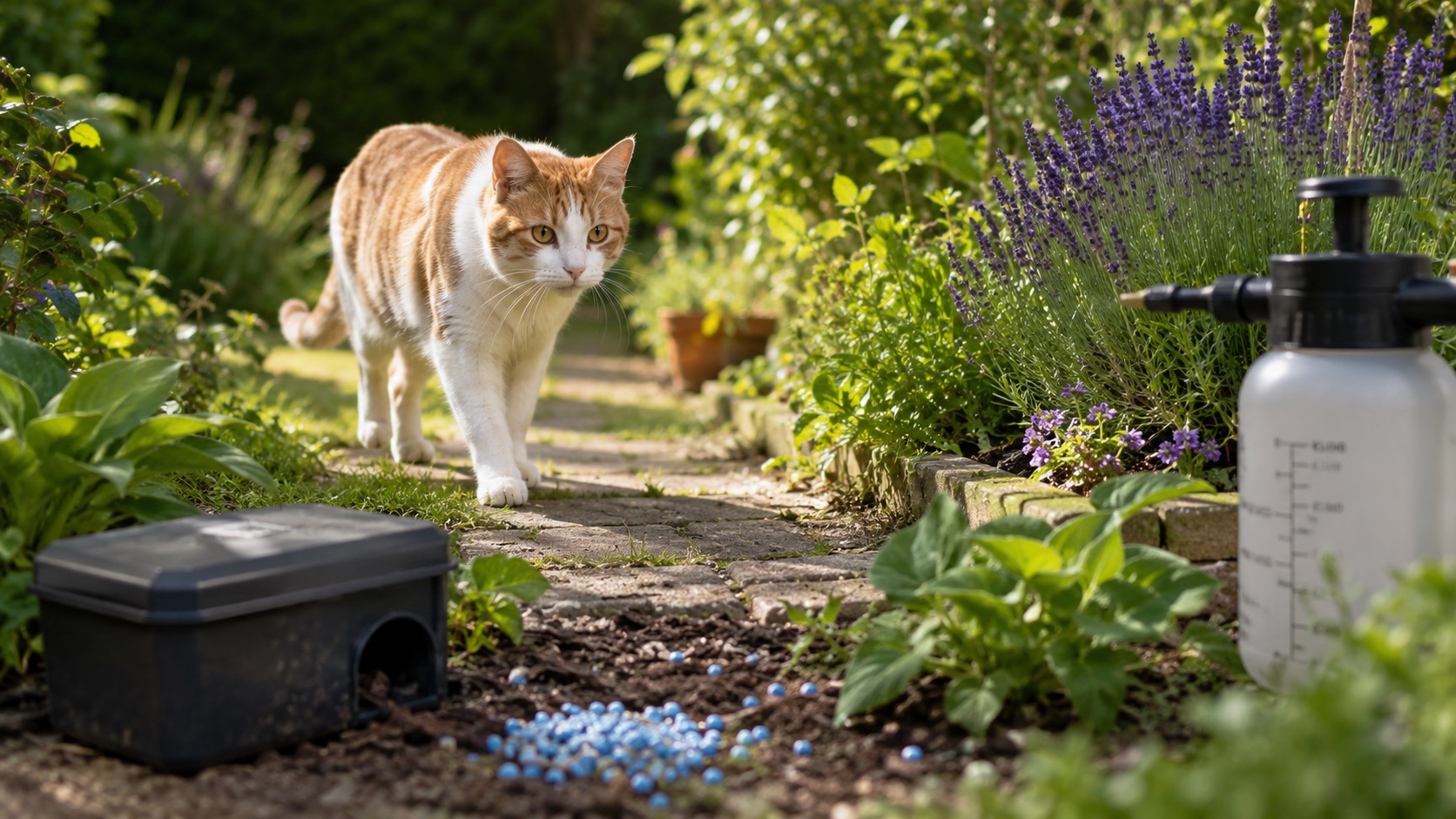 Eine rot-weiße Freigängerkatze läuft aufmerksam durch einen gepflegten Garten. Im Vordergrund sind eine Köderbox für Ratten, Schneckenkorn und ein Gartensprüher zu sehen – typische, aber oft übersehene Gefahrenquellen für Katzen im Freigang.