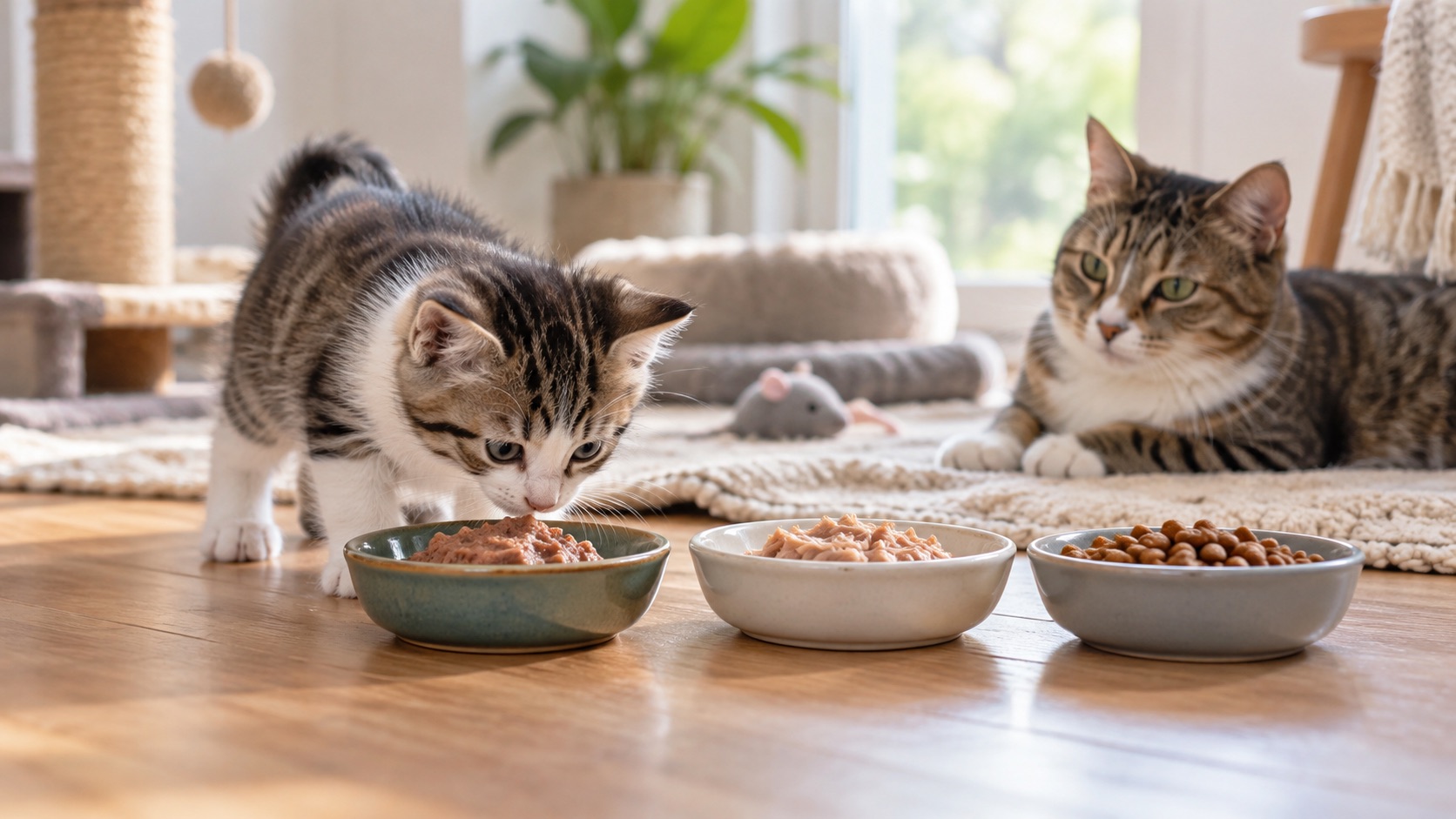 Junge Katze erkundet verschiedene Futtersorten und Konsistenzen, während eine erwachsene Katze im Hintergrund beobachtet.
