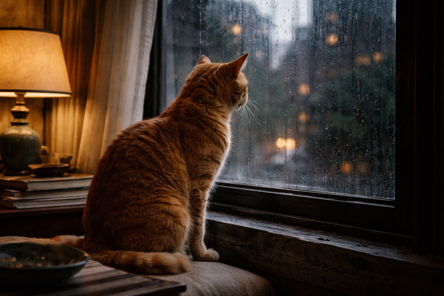 Rot getigerte Katze sitzt ruhig in einer Wohnungsszene, inspiriert von Frühstück bei Tiffany, mit weichem Licht und urbaner Atmosphäre