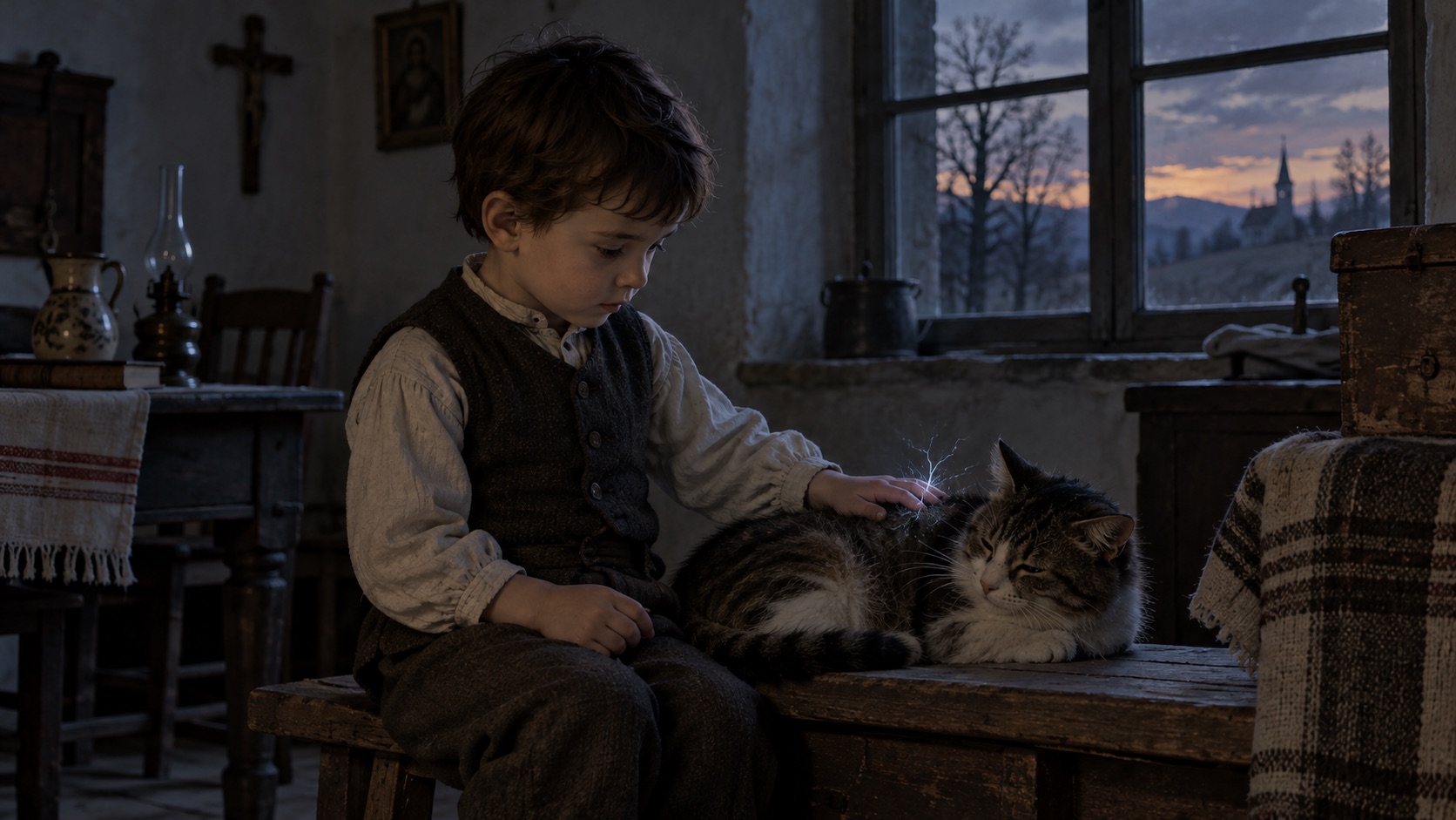 Historische Illustration eines kleinen Jungen, der in der Dämmerung einen Kater streichelt. Über dem Fell der Katze sind feine elektrische Funken zu sehen. Im Hintergrund erkennt man den einfachen Innenraum des Pfarrhauses und durch das Fenster die winterliche Abendlandschaft.