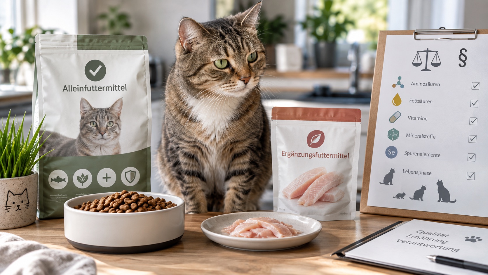 Katze zwischen Alleinfuttermittel und Ergänzungsfuttermittel; daneben eine Übersicht zu Aminosäuren, Fettsäuren, Vitaminen, Mineralstoffen, Spurenelementen und Lebensphasen als Symbol für eine bedarfsdeckende Katzenernährung.
