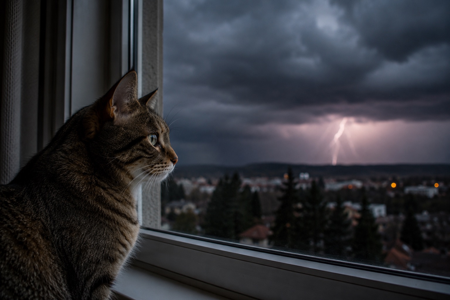 Aufmerksame getigerte Katze sitzt auf einer Fensterbank und blickt auf ein herannahendes Gewitter mit dunklen Wolken und einem Blitz in der Ferne.