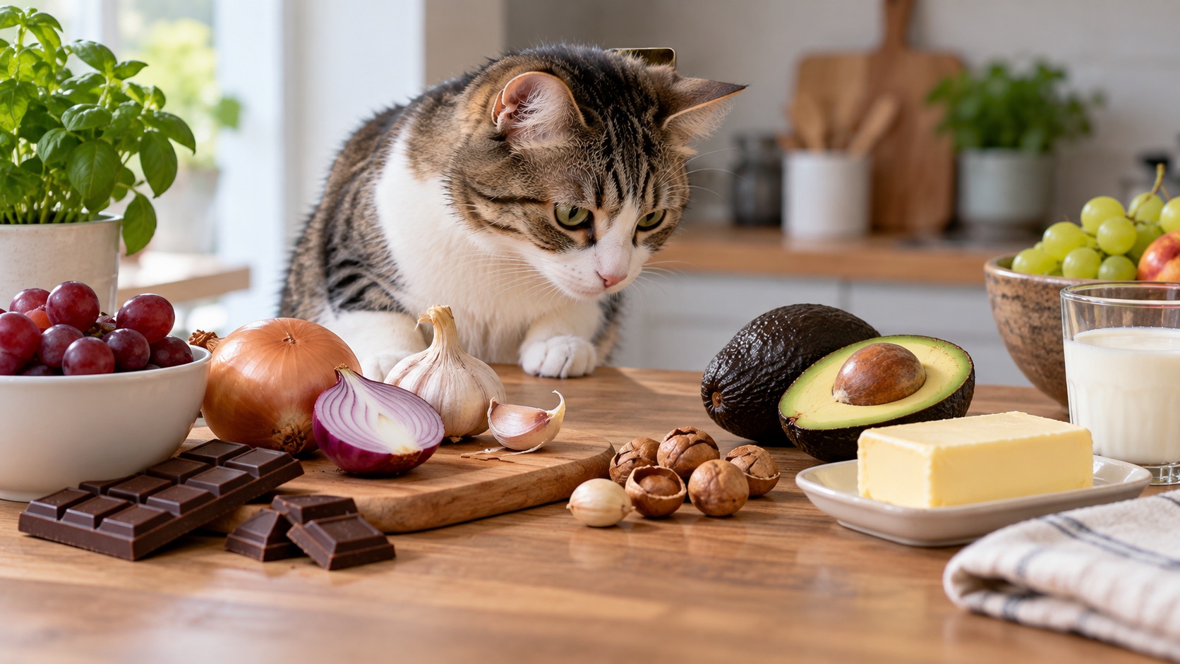 Katze vor verschiedenen Lebensmitteln wie Schokolade, Zwiebeln, Knoblauch und Trauben.