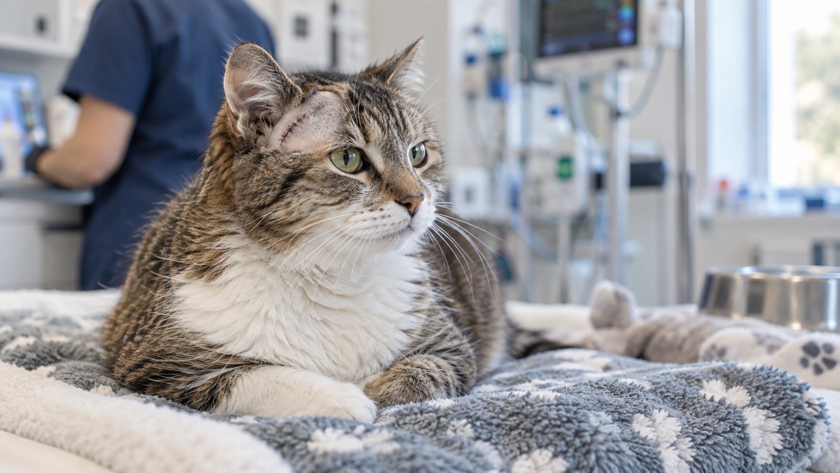 Wache ältere Katze mit rasierter Stelle und Operationsnaht am Kopf während der Erholung in einer Tierklinik