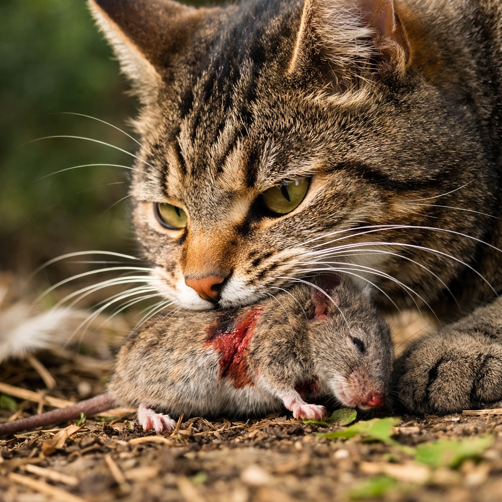 Katze frisst Beutetier – symbolisch für Gewebe statt Zutatenlogik in der Katzenernährung