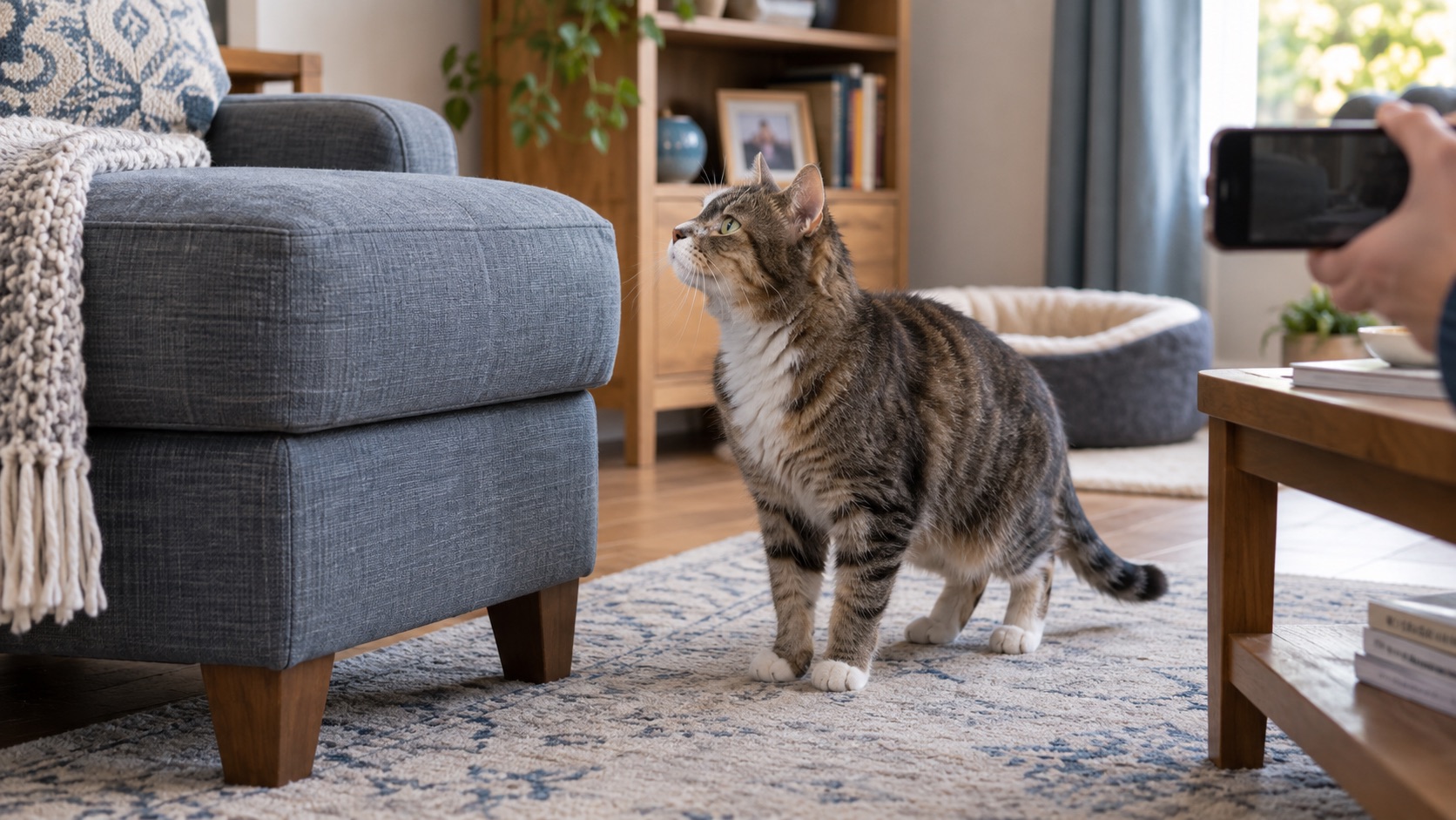 Ältere Katze zögert vor dem Sprung auf ein Sofa, während ihr verändertes Verhalten mit einem Smartphone dokumentiert wird