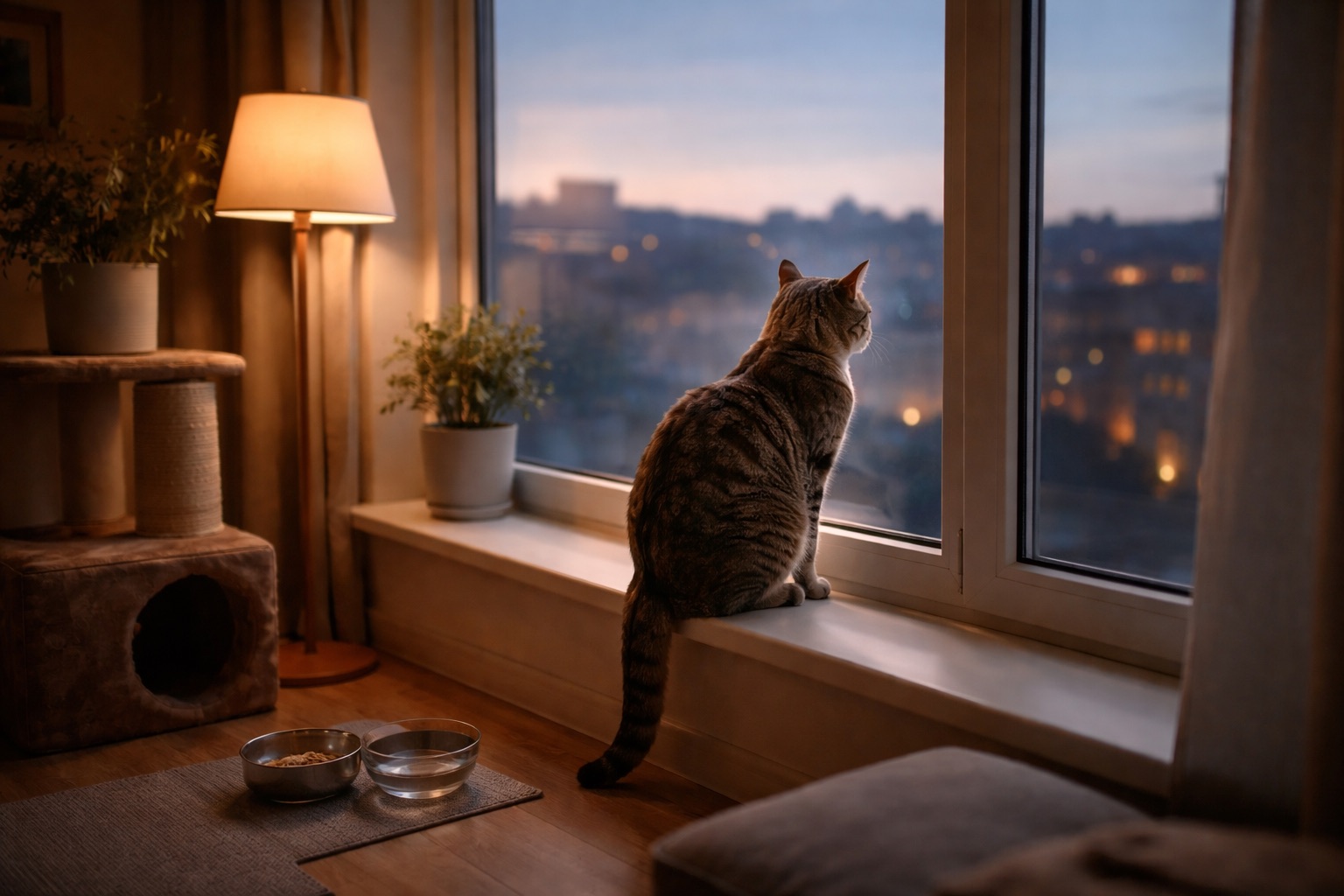 Hauskatze sitzt auf einer Fensterbank in einer ruhigen Wohnung und blickt bei Abenddämmerung nach draußen; im Raum stehen Futternapf, Wasserschale, Kratzbaum und eine warme Stehlampe.