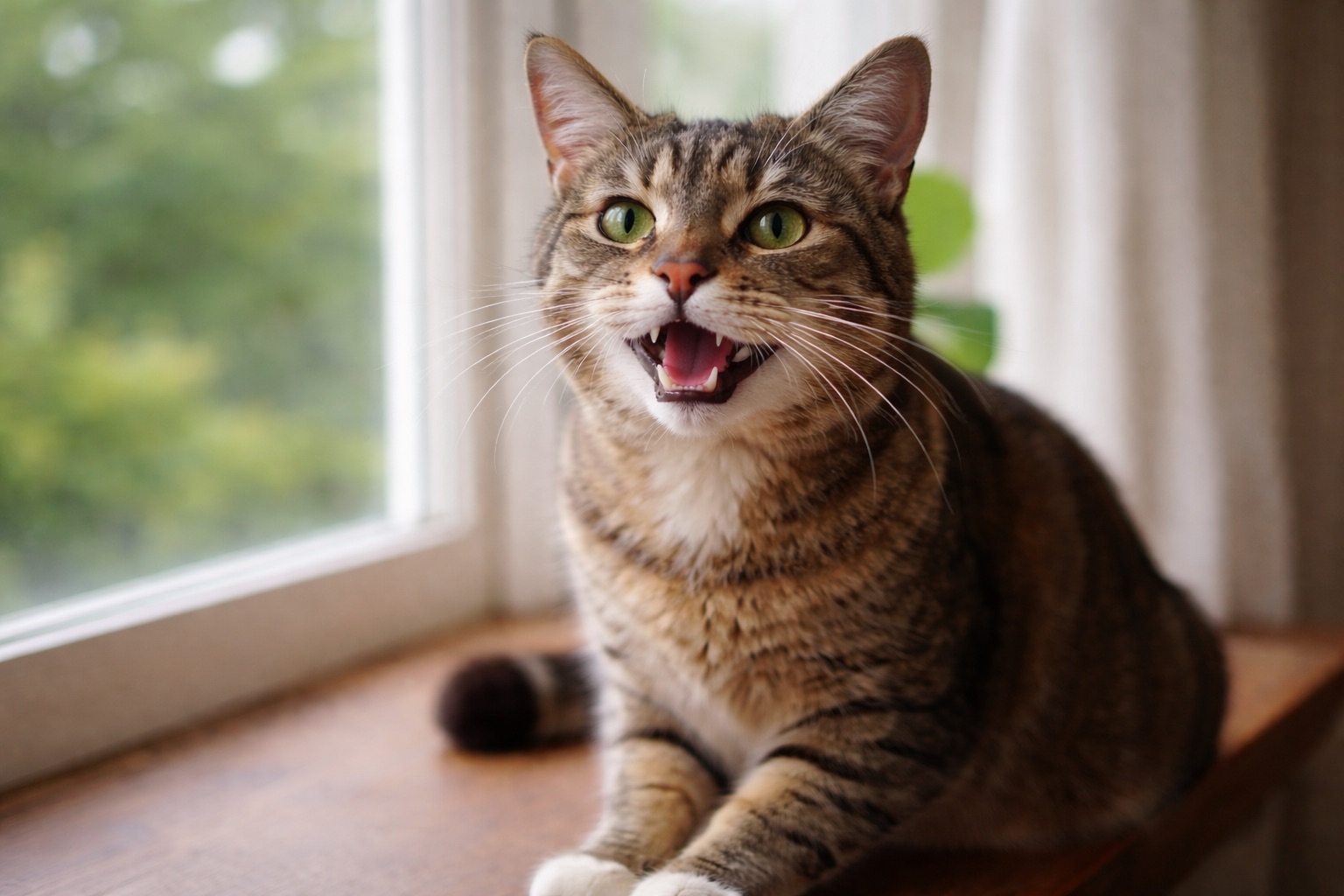Hauskatze sitzt auf einer Fensterbank und miaut mit leicht geöffnetem Maul, während sie aufmerksam nach vorne schaut.