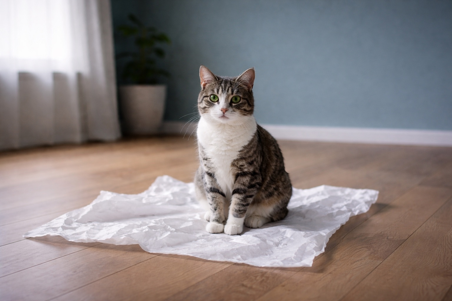 Katze sitzt ruhig und aufmerksam auf leicht zerknittertem Seidenpapier auf einem Holzboden in einer aufgeräumten, hellen Umgebung