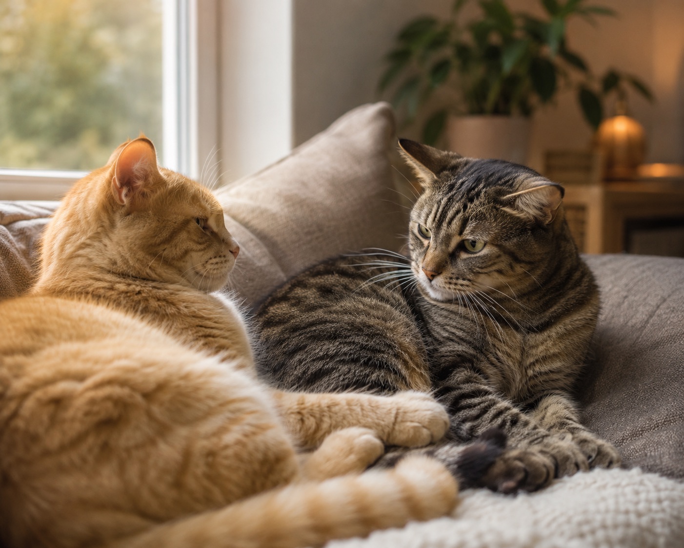 Zwei Katzen liegen eng nebeneinander auf einem Sofa in einer ruhigen Wohnung. Während eine Katze entspannt wirkt, schaut die andere sie mit leicht angespannter Körpersprache an. Das Bild zeigt die subtile soziale Spannung zwischen Katzen, die sich grundsätzlich nahestehen.
