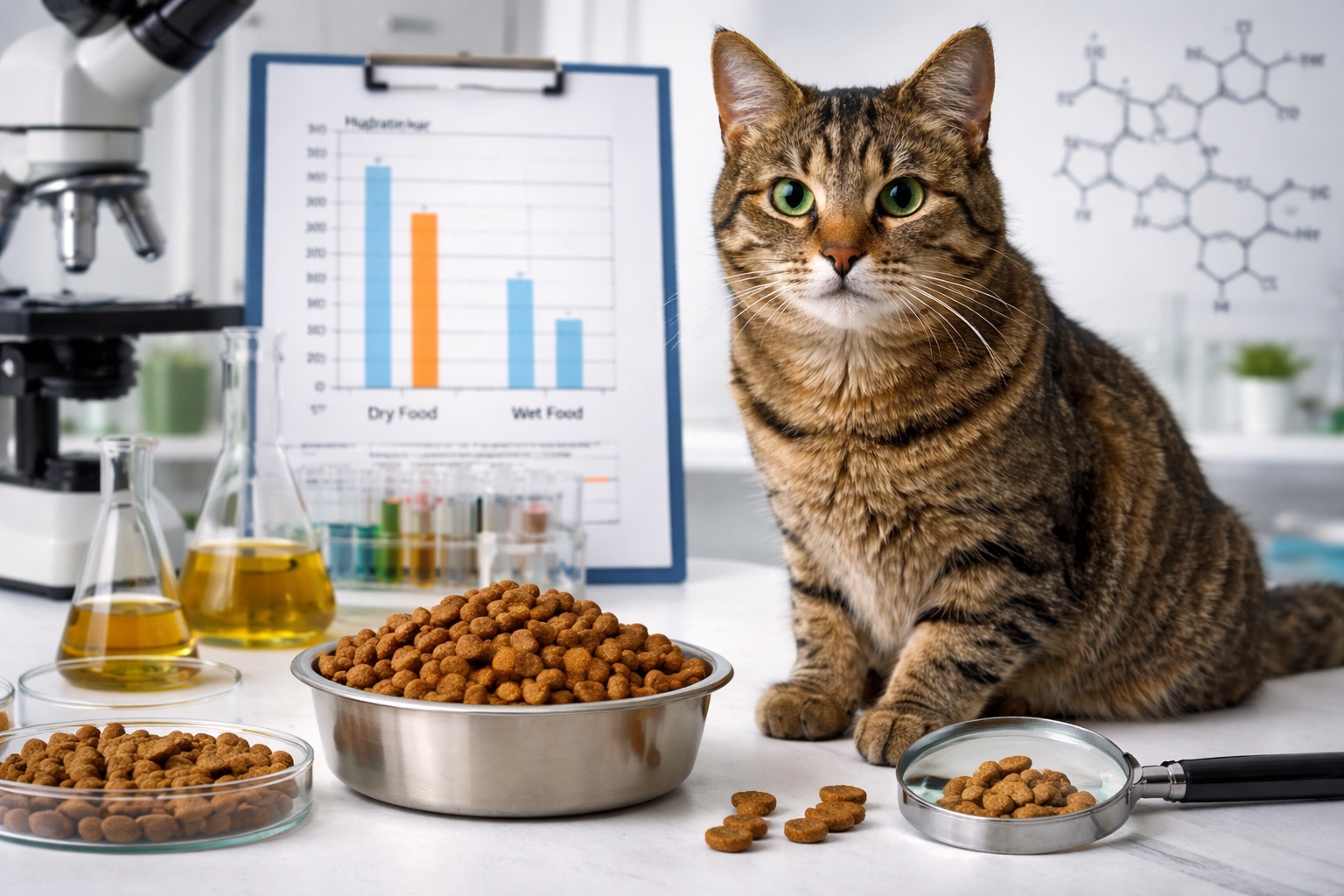 Hauskatze sitzt neben einem Napf mit Trockenfutter in einer Laborumgebung mit Mikroskop und Diagrammen – Symbolbild für einen wissenschaftlichen Artikel über Katzenernährung und Trockenfutter.