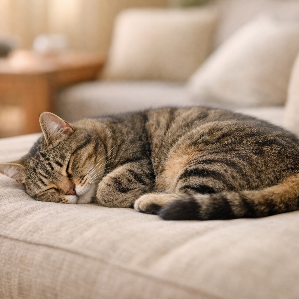Getigerte Hauskatze liegt zusammengerollt und tief schlafend auf einem hellen Sofa im warmen Tageslicht, der Körper wirkt weich und vollständig entspannt.