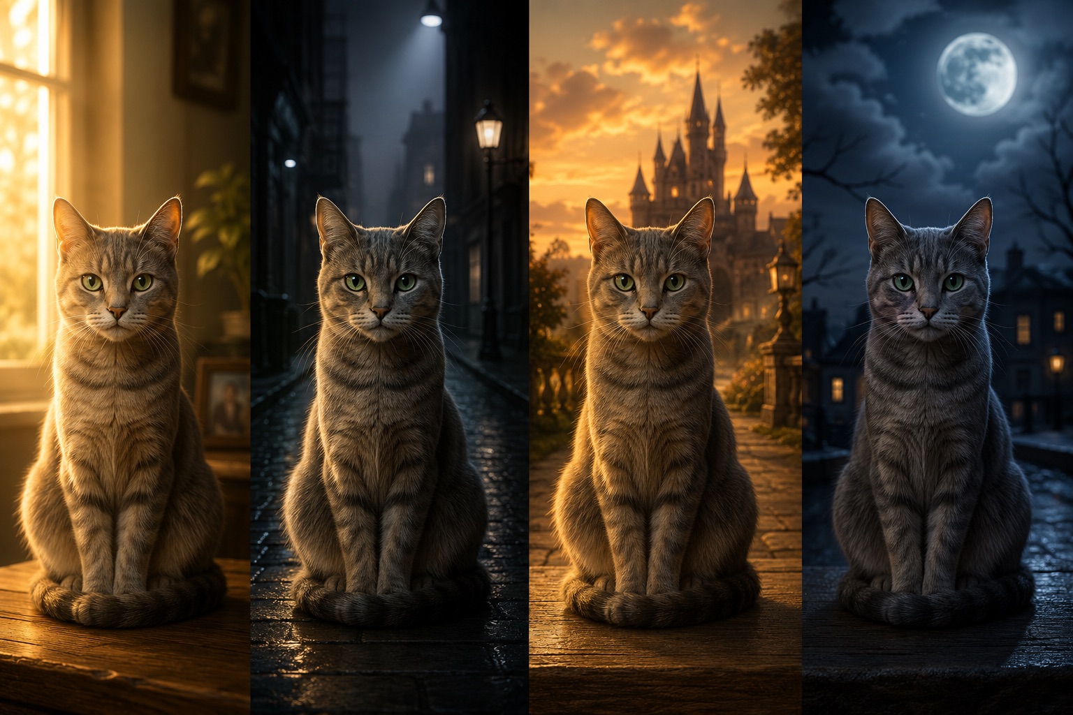 Eine ruhige graue Hauskatze sitzt in vier unterschiedlichen Lichtstimmungen – warmes Familienlicht, nächtliche Gasse, märchenhafte Schlosskulisse und Mondnacht. Die Katze bleibt unverändert, während sich allein die Atmosphäre verändert und unterschiedliche Rollen wie Heldin, Philosophin oder Bedrohung entstehen.
