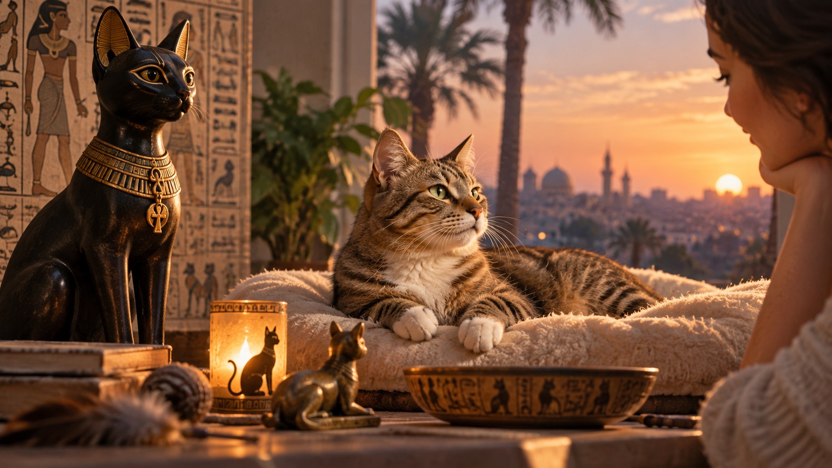 Eine Hauskatze liegt auf einem weichen Kissen in einem modernen Wohnraum, umgeben von ägyptisch inspirierten Katzenfiguren und Bastet-Darstellungen. Eine Frau sitzt ihr gegenüber, während warmes Abendlicht durch das Fenster fällt. Das Bild verbindet die religiöse Symbolik Bastets mit der besonderen Rolle, die Katzen bis heute im Leben vieler Menschen einnehmen.