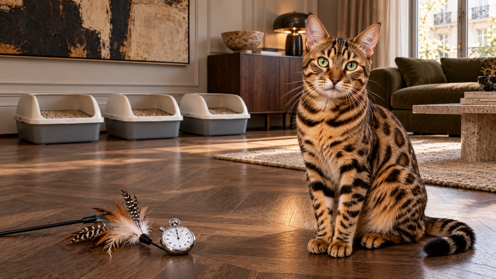 Bengalkatze in einem stilvollen Wohnzimmer, dahinter drei nebeneinanderstehende Katzentoiletten. Im Vordergrund liegen eine Spielangel und eine Stoppuhr.