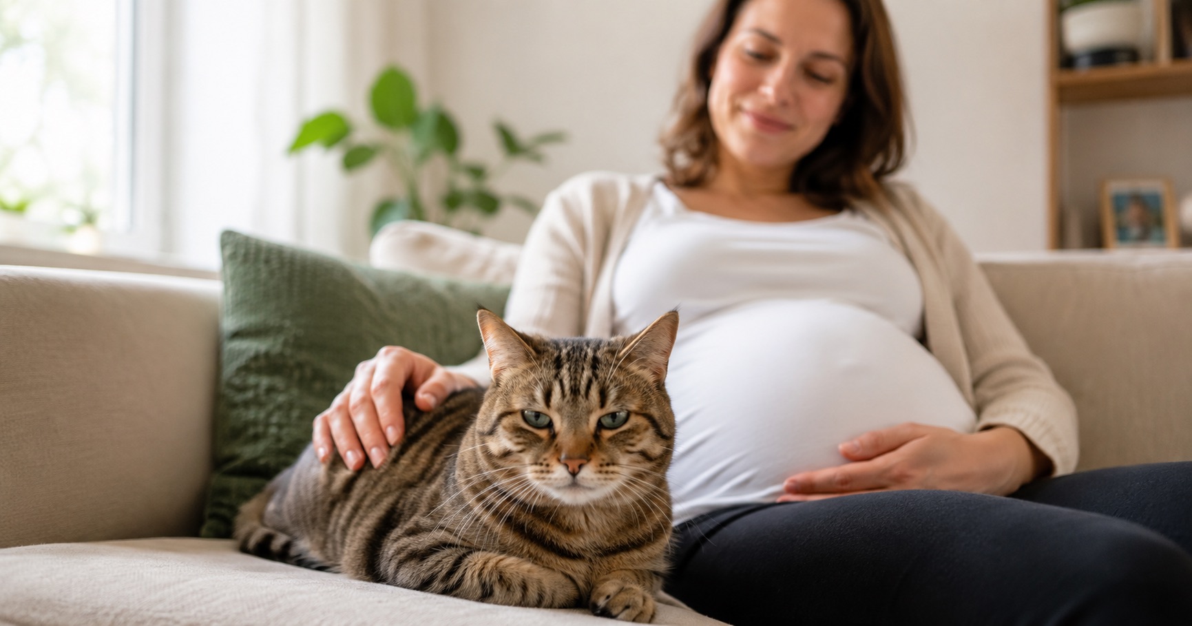Schwangere Frau sitzt entspannt auf dem Sofa und streichelt eine Katze im Vordergrund.