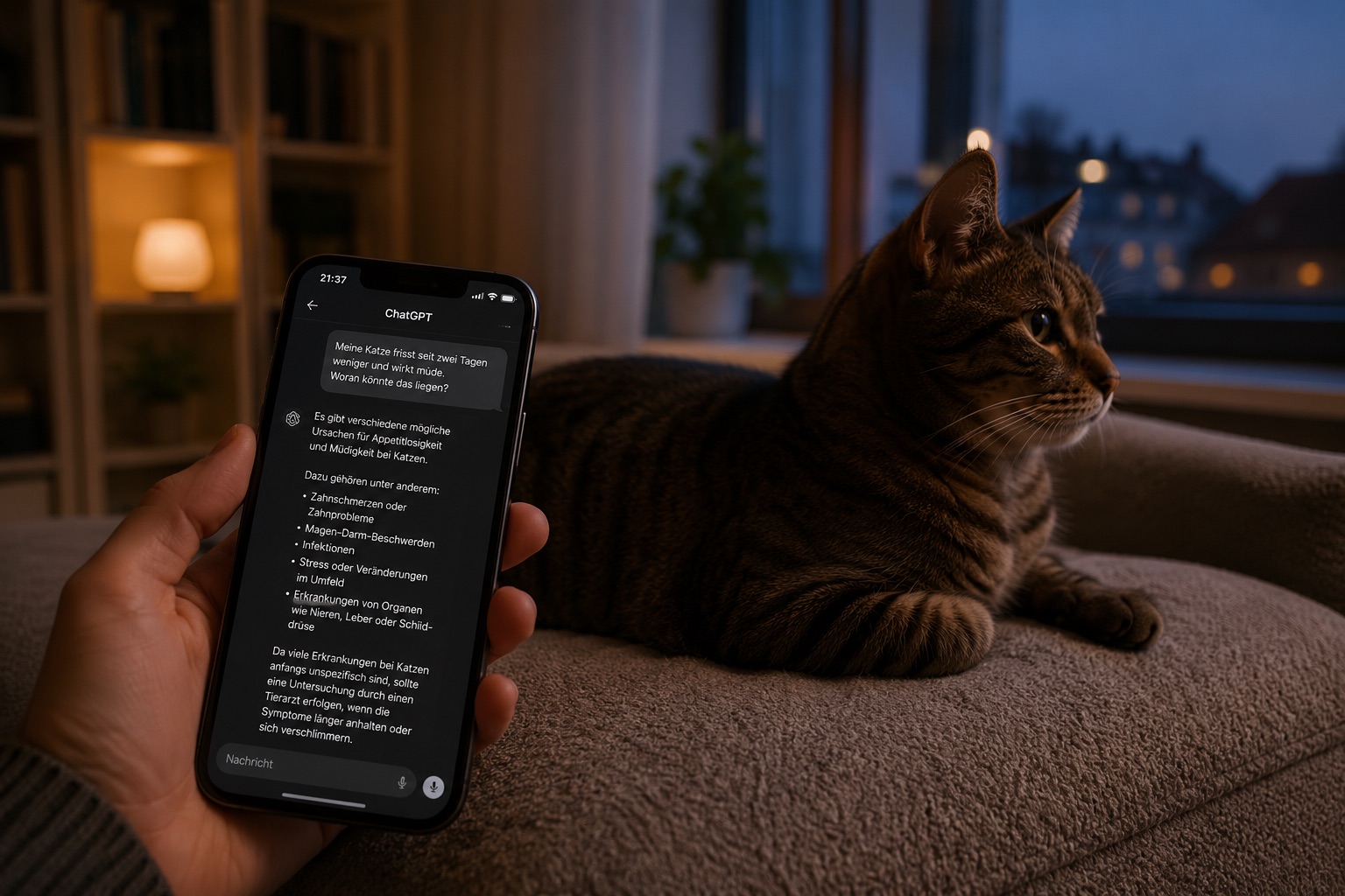 Eine getigerte Katze liegt abends ruhig auf einem Sofa in einer warm beleuchteten Wohnung, während im Vordergrund ein Smartphone mit einer geöffneten KI-Chatoberfläche gehalten wird. Die Szene vermittelt Unsicherheit und die Suche nach Orientierung bei gesundheitlichen Fragen rund um Katzen.