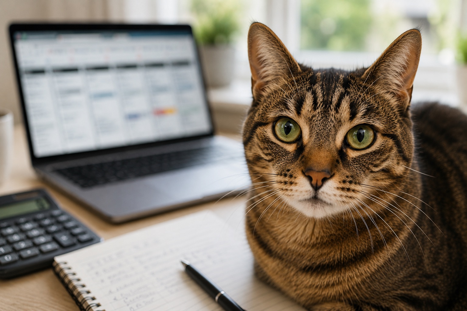 Nahaufnahme einer aufmerksam blickenden getigerten Hauskatze auf einem Schreibtisch. Im unscharfen Hintergrund befinden sich ein Laptop, ein Notizbuch und ein Taschenrechner, die auf Preisvergleiche und Planung rund um die Katzenbetreuung hinweisen.