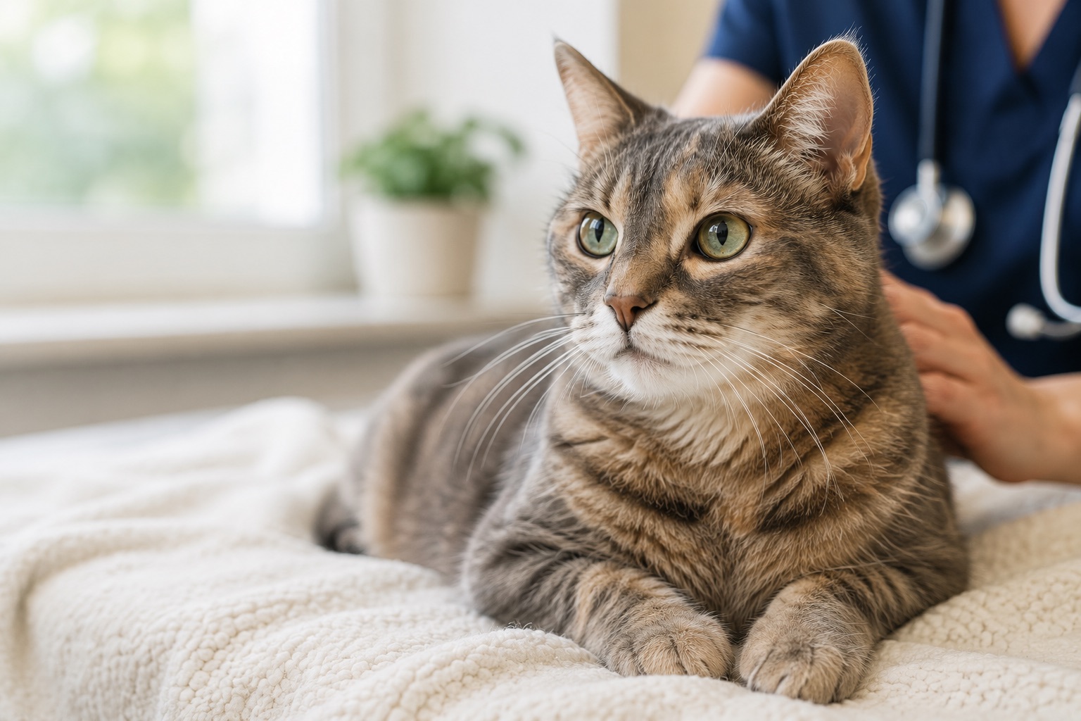 Eine getigerte Katze liegt ruhig auf einer hellen Decke, während im Hintergrund eine tierärztliche Untersuchung angedeutet wird.