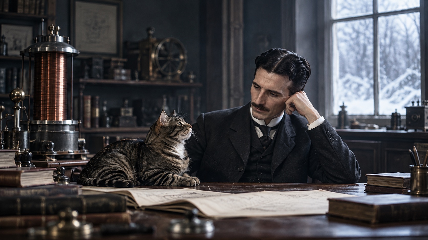 Historische Illustration von Nikola Tesla als erwachsenem Mann an seinem Schreibtisch. Neben ihm sitzt eine getigerte Katze, die an seinen Kindheitskater Mačak erinnert. Im Hintergrund stehen elektrische Versuchsgeräte.