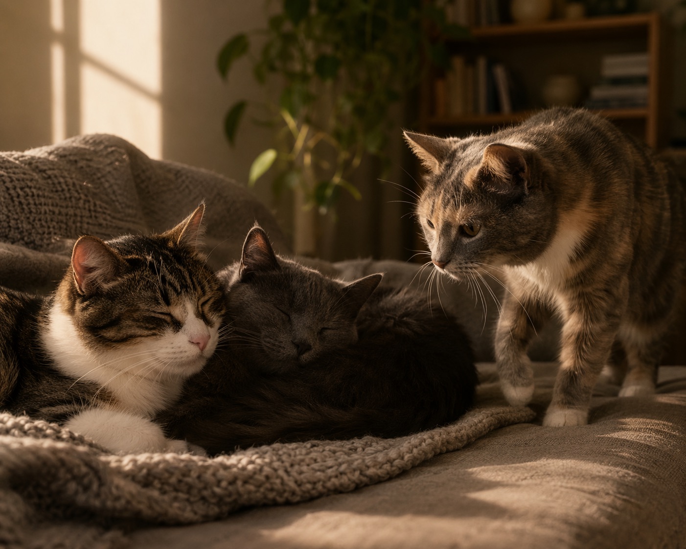Zwei Katzen liegen nah beieinander, während eine dritte sich nähert – eine typische Situation für Nähe und Spannung im Mehrkatzenhaushalt