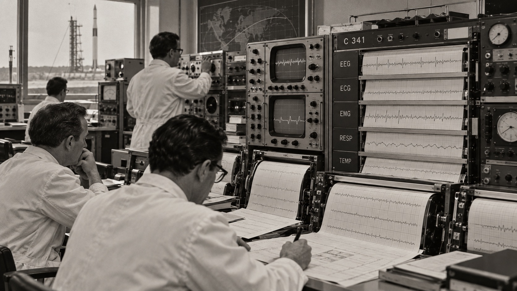Historisch inszenierter Kontrollraum der 1960er Jahre mit Forschern in weißen Kitteln, analogen Messgeräten und laufenden Papierkurven, auf denen die Telemetriedaten von C 341 während des Raketenflugs überwacht werden.