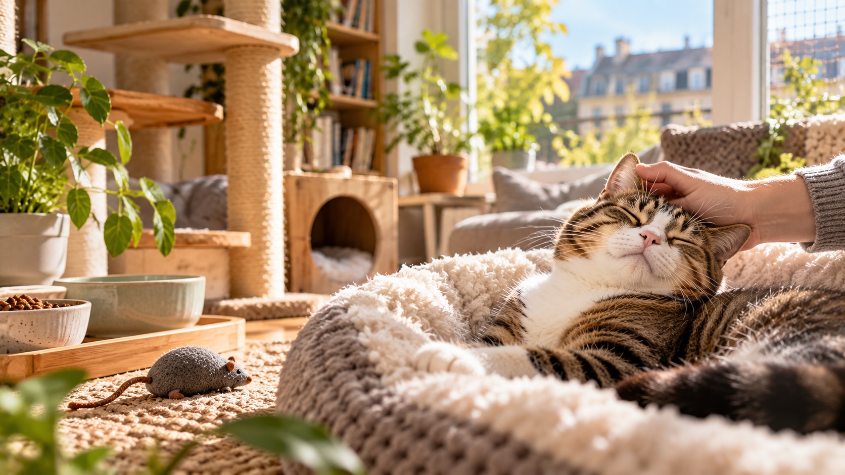 Entspannte Wohnungskatze auf einem weichen Liegeplatz, die gestreichelt wird; Kratzbaum, Rückzugsort, Futter, Wasser und Spielzeug zeigen, dass artgerechte Haltung auch mit einfachen Mitteln möglich ist.