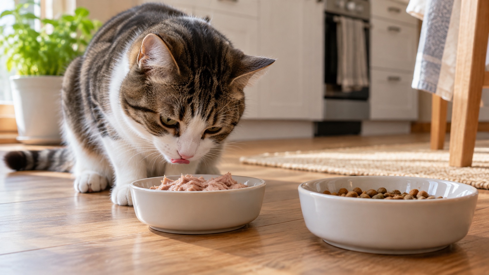 Katze frisst Thunfisch aus einem Napf, während daneben ein Napf mit anderem Katzenfutter steht.