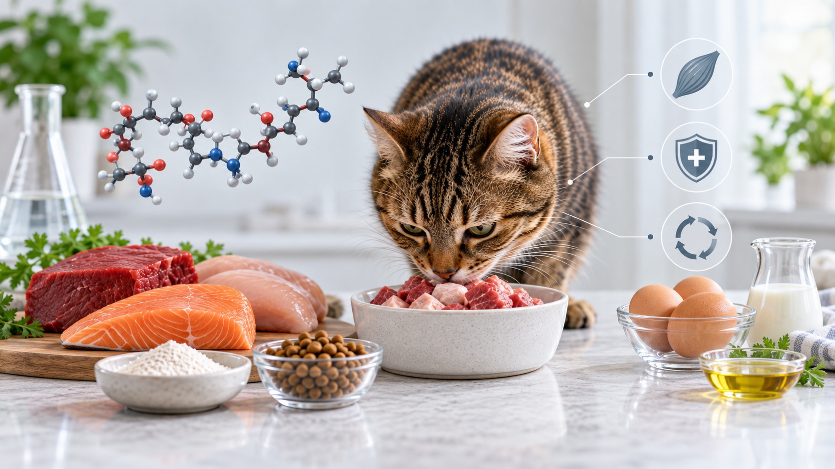 Katze frisst aus einem Napf mit proteinreicher Nahrung; daneben sind verschiedene Proteinquellen und wissenschaftliche Symbole zur Katzenernährung dargestellt.
