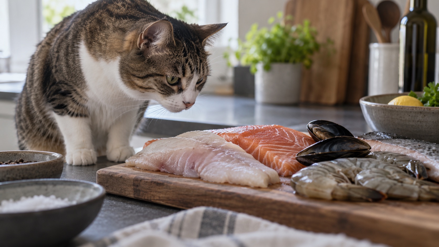 Katze untersucht rohen Fisch und Meeresfrüchte auf einem Küchenbrett, darunter Lachs, weißer Fisch, Muscheln und Garnelen.
