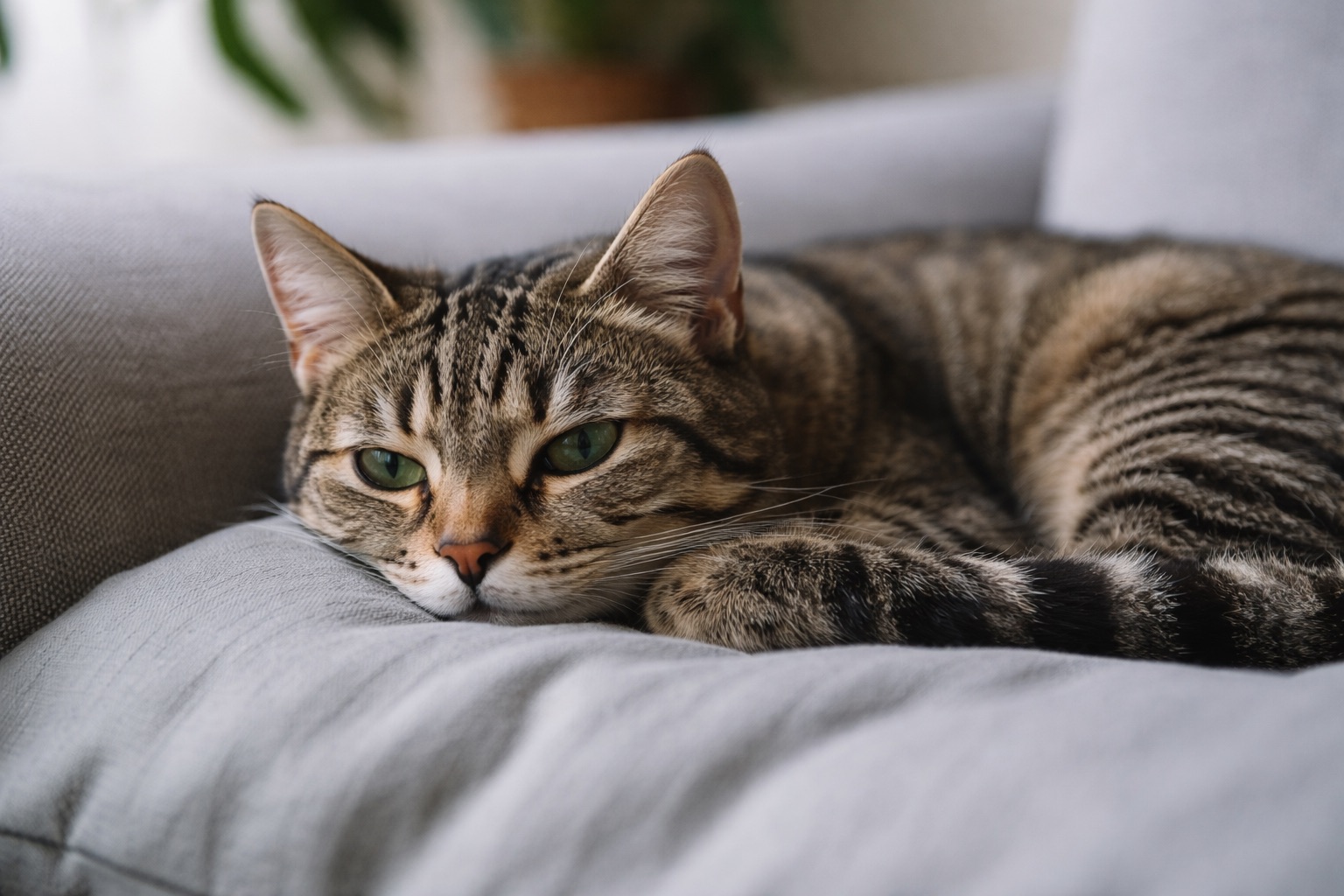 Ruhende Katze mit wachem Blick auf einem Sofa – Ruhe ist bei Katzen nicht immer ein Zeichen von Entspannung.