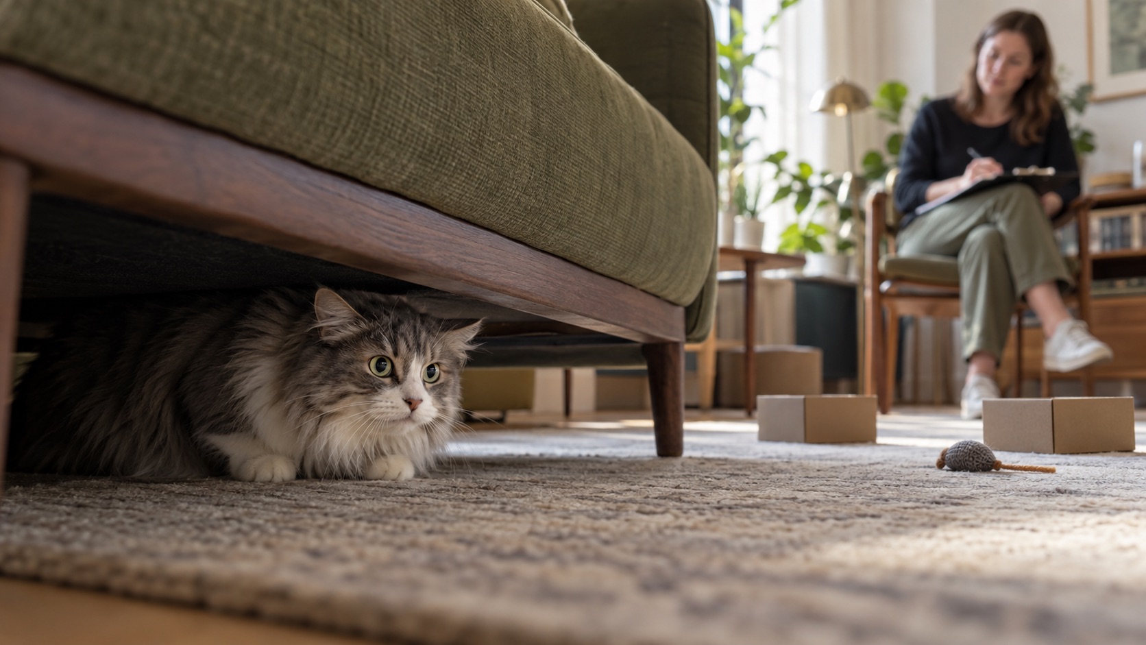 Eine grau-weiße Langhaarkatze kauert unter einem Sofa. Im Hintergrund sitzt eine Frau mit Klemmbrett; auf dem Boden stehen kleine Kartons neben einer Spielzeugmaus.