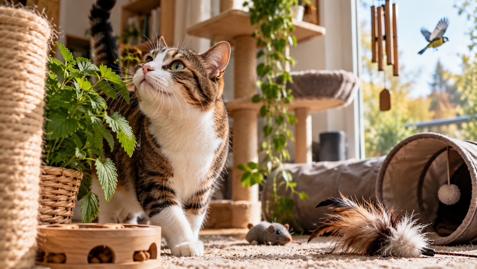 Wohnungskatze erkundet aufmerksam ihre Umgebung und schnuppert an Katzenminze; Fenster, Pflanzen, Kratzbaum, Spieltunnel und Spielzeug stehen für unterschiedliche visuelle, akustische und olfaktorische Reize.