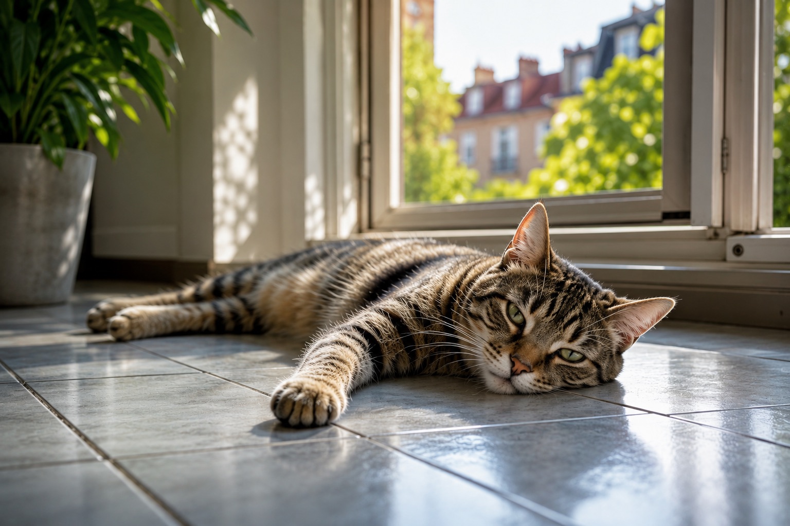 Getigerte Katze liegt an einem heißen Sommertag entspannt auf kühlen Fliesen vor einem geöffneten Fenster mit warmem Sonnenlicht im Hintergrund.
