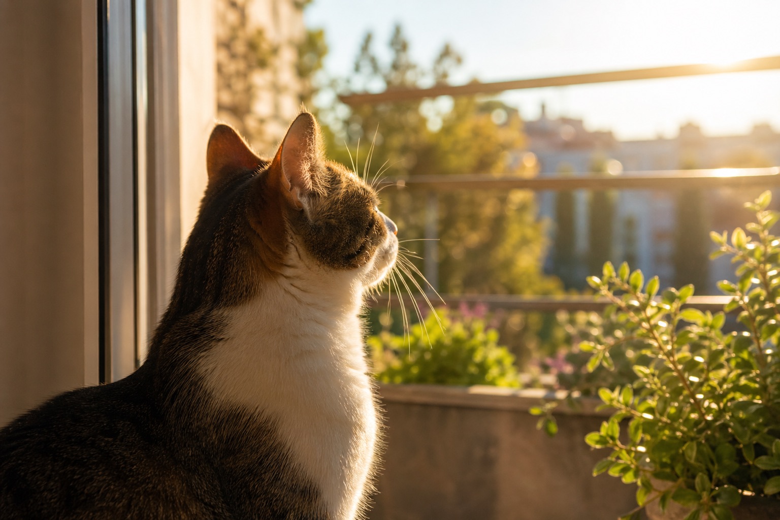 Katze sitzt am Balkon im warmen Sonnenlicht und blickt nach draußen