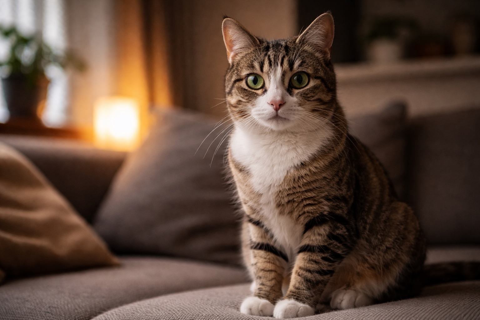 Ruhige, wache Hauskatze sitzt entspannt auf einem Sofa in einem gedämpft beleuchteten Innenraum