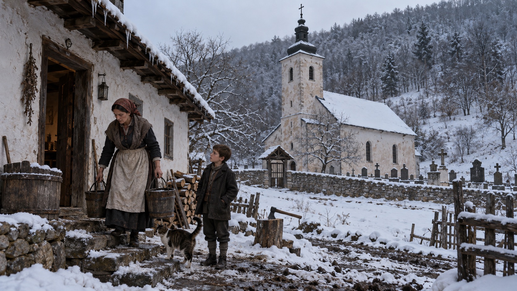 Historische Illustration des winterlichen Pfarrhauses der Familie Tesla in Smiljan um 1860. Nikolas Mutter Đuka trägt Wassereimer, während der junge Nikola mit seinem Kater Mačak vor dem Haus steht. Im Hintergrund sind die orthodoxe Kirche und der Friedhof zu sehen.
