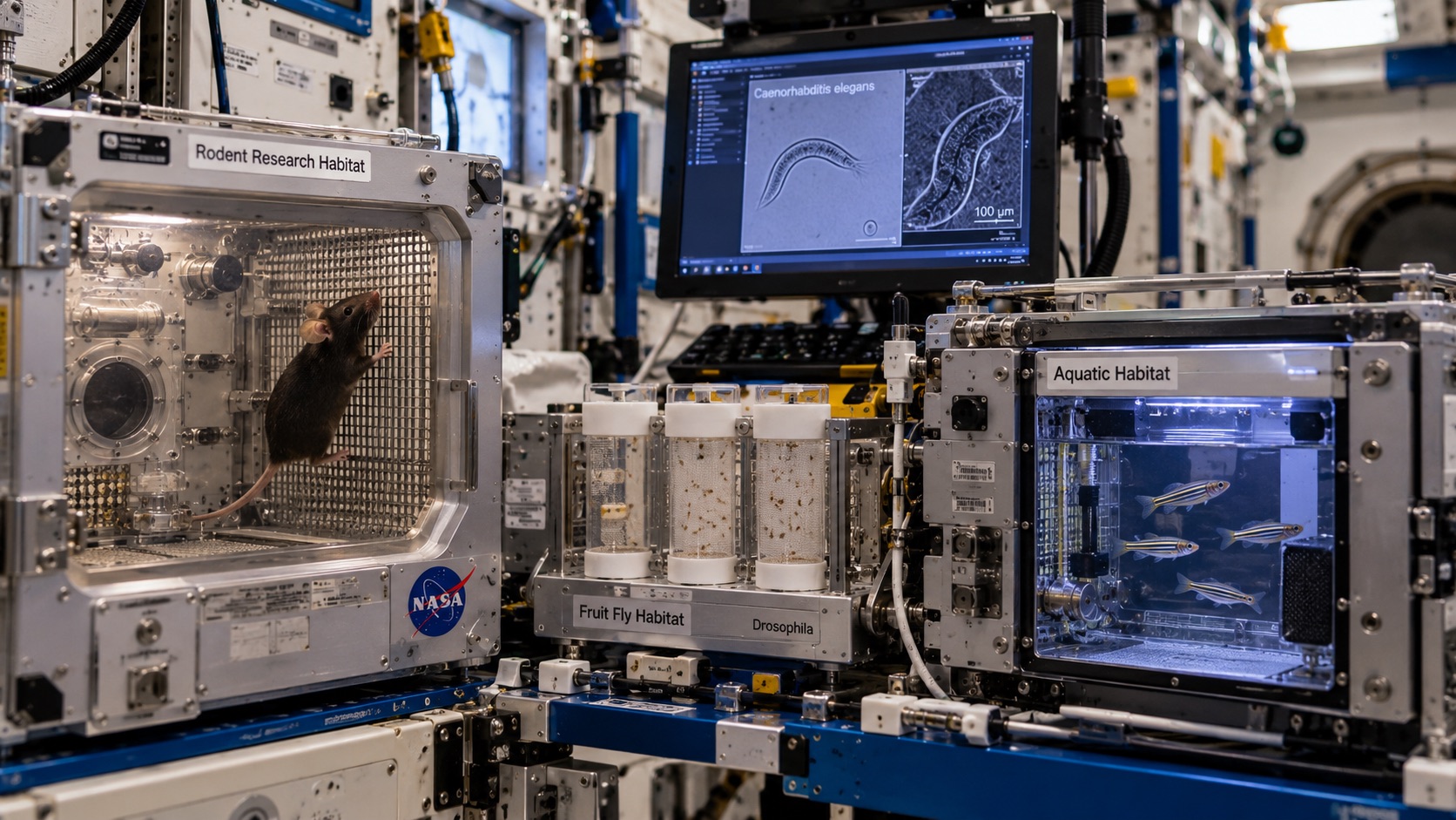 Modernes Weltraumlabor auf der Internationalen Raumstation mit einer Maus in einem transparenten Habitat, Fruchtfliegen in Versuchsröhren, einem Fischmodul und mikroskopischen Darstellungen von Caenorhabditis elegans auf Bildschirmen.