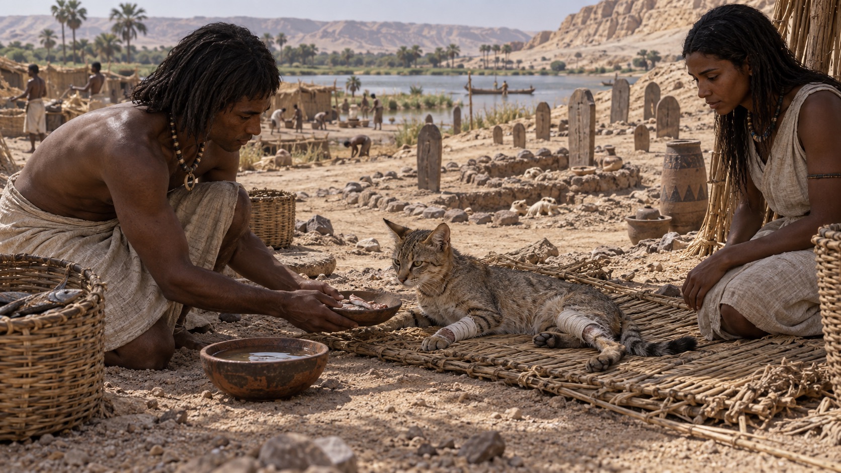 Eine Szene aus dem prädynastischen Ägypten zeigt eine verletzte kleine Wildkatze, die auf einer geflochtenen Matte liegt und an Vorder- und Hinterbein bandagiert ist. Zwei Menschen versorgen das Tier mit Nahrung und Wasser, während im Hintergrund ein Friedhofsbereich am Nilufer mit einfachen Gräbern, Hütten und Palmen zu sehen ist.