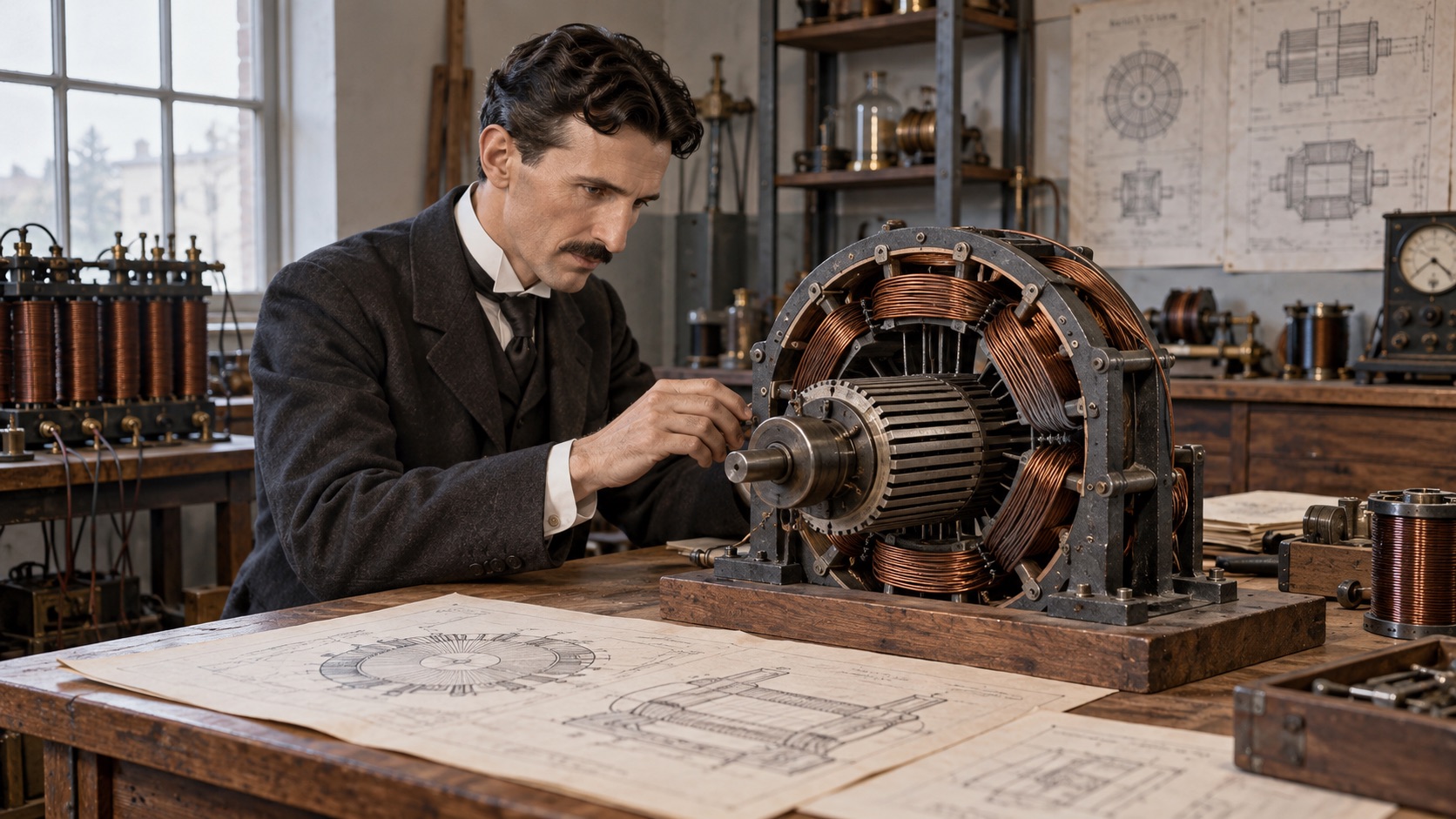 Historische Illustration von Nikola Tesla in einer Elektrowerkstatt des späten 19. Jahrhunderts. Der Erfinder untersucht einen geöffneten Wechselstrom-Induktionsmotor mit sichtbaren Kupferwicklungen. Auf dem Arbeitstisch liegen technische Konstruktionszeichnungen.
