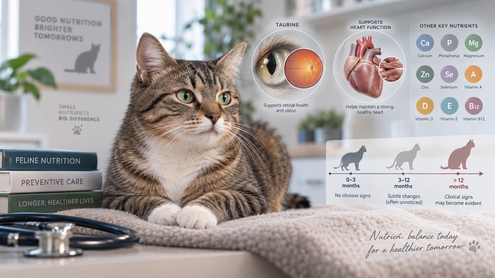 Getigerte Katze in einer hellen Wohnung; daneben veranschaulichen grafische Elemente Taurin, Netzhaut, Herz und weitere Nährstoffe sowie einen zeitlichen Verlauf von unauffälligen zu klinisch sichtbaren Folgen einer Nährstoffunterversorgung.