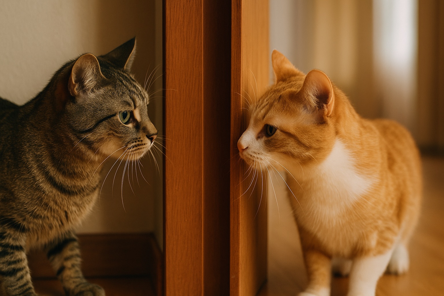Zwei Katzen beschnuppern sich vorsichtig durch eine Türspalte – ein Symbol für die sensible Phase der Zusammenführung.